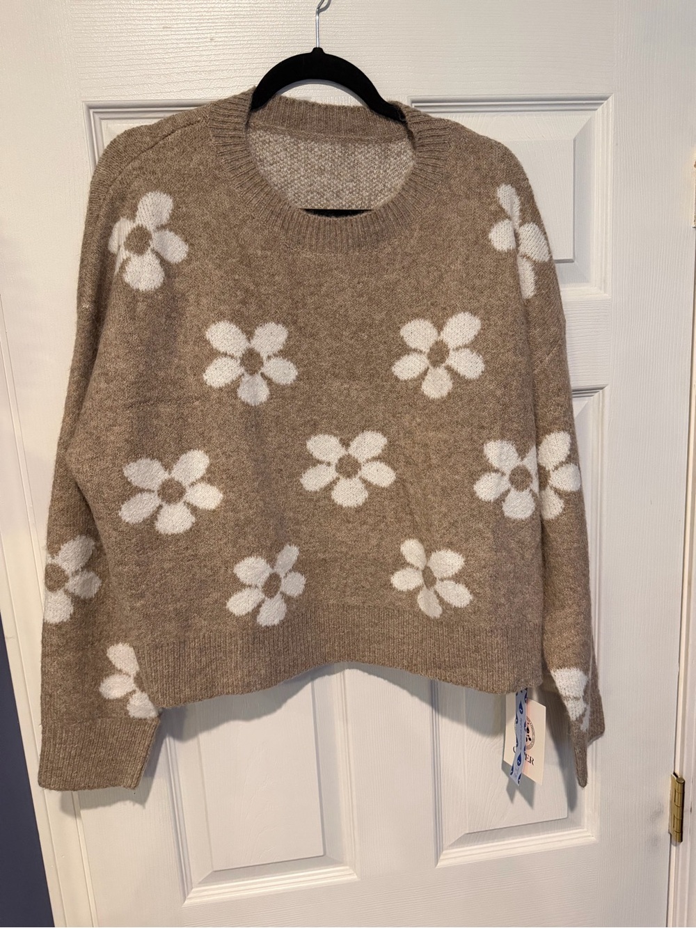 Cider Taupe Crewneck Sweater with White Daisy Motif